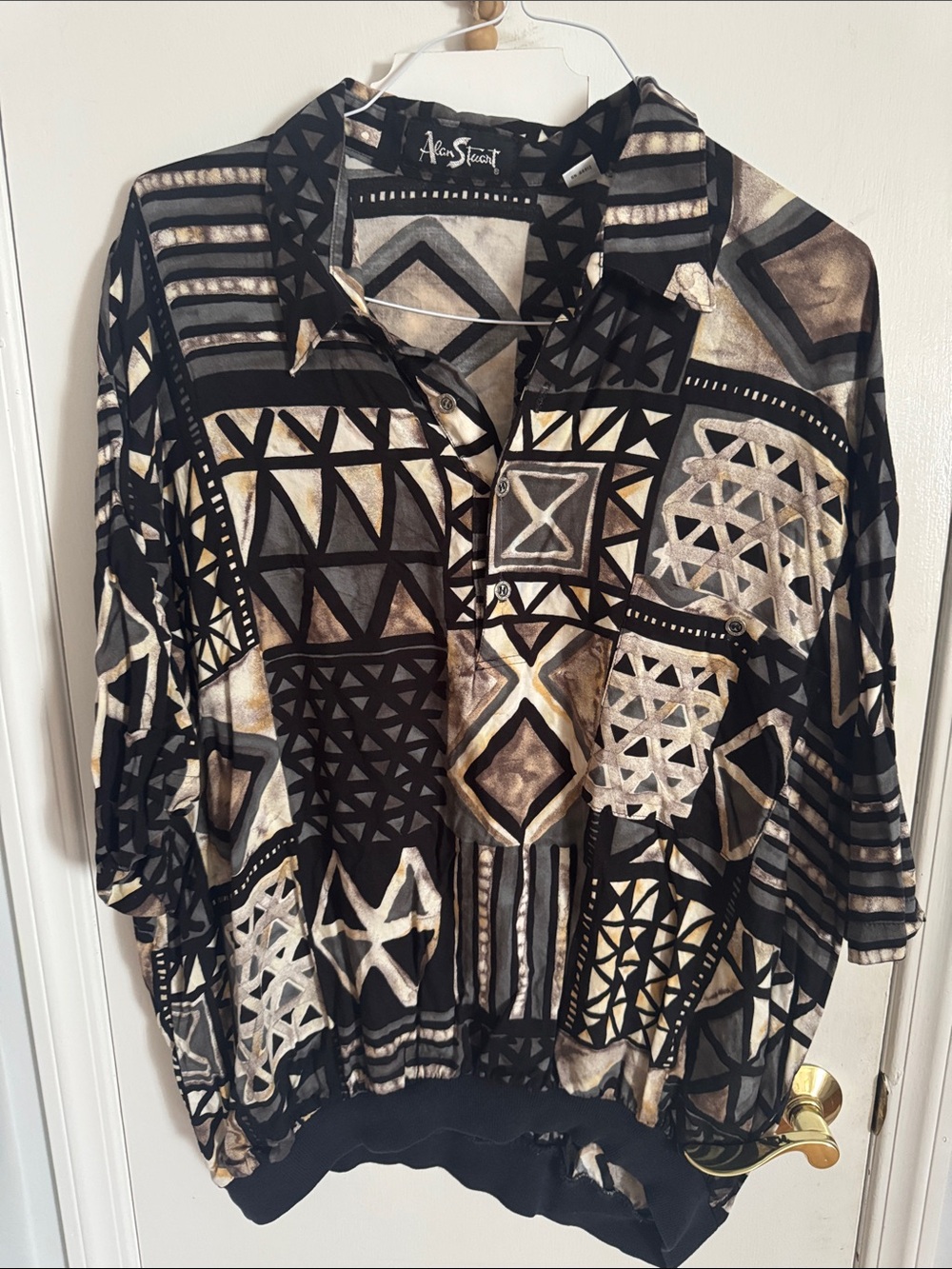 Alan Stuart Black, Cream, Gray Geometric Button-Up Top